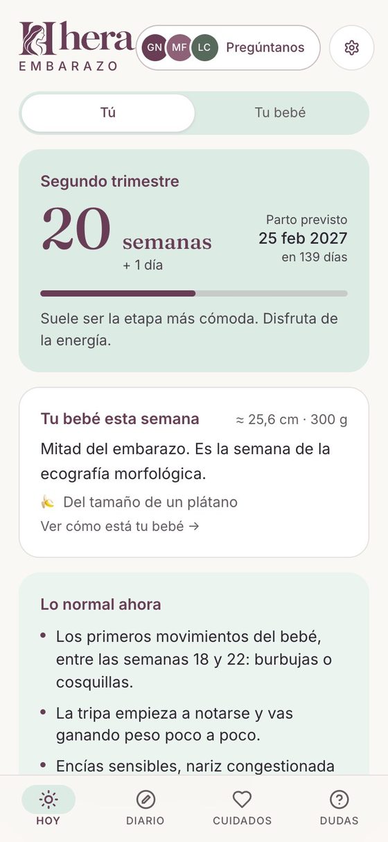 Pantalla Hoy de Hera en la semana 20 de embarazo