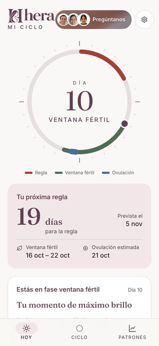 Hera en modo ciclo: día 10, ventana fértil y próxima regla